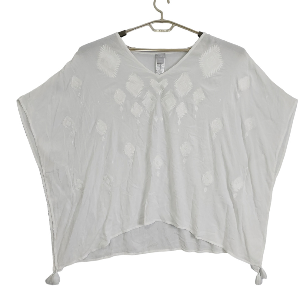 White V-Neck Embroidered Women's Sweater Poncho